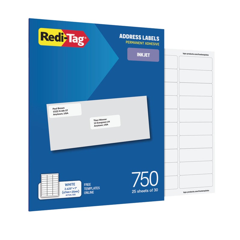 Redi-Tag Address Labels, 750 Blank (25 Sheets of 30), 1"" x 2.625"", for Inkjet Printers Only, Free Online Templates (1009571) - Image 1